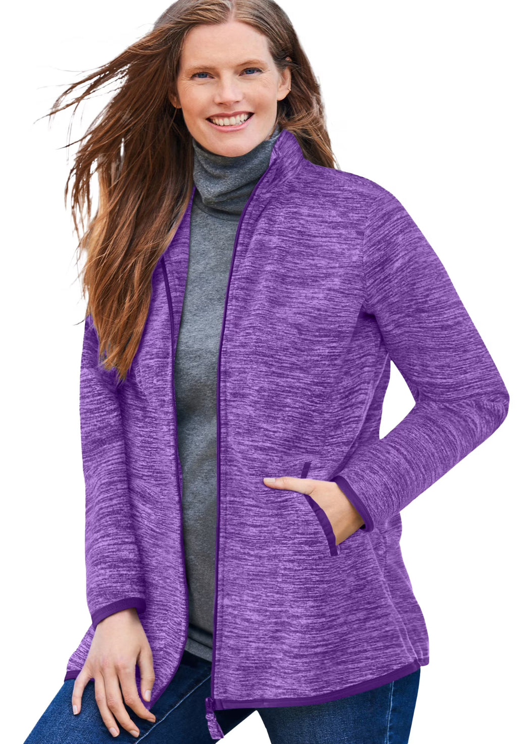 Radiant Purple Marled Plus Size Zip-Front Microfleece Jacket V8795