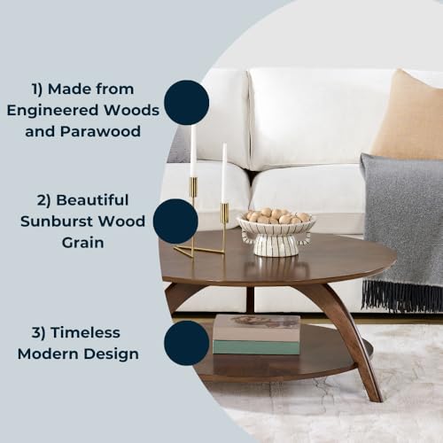 Caramel Brown Round Wood Coffee Table with Shelf Storage D6149