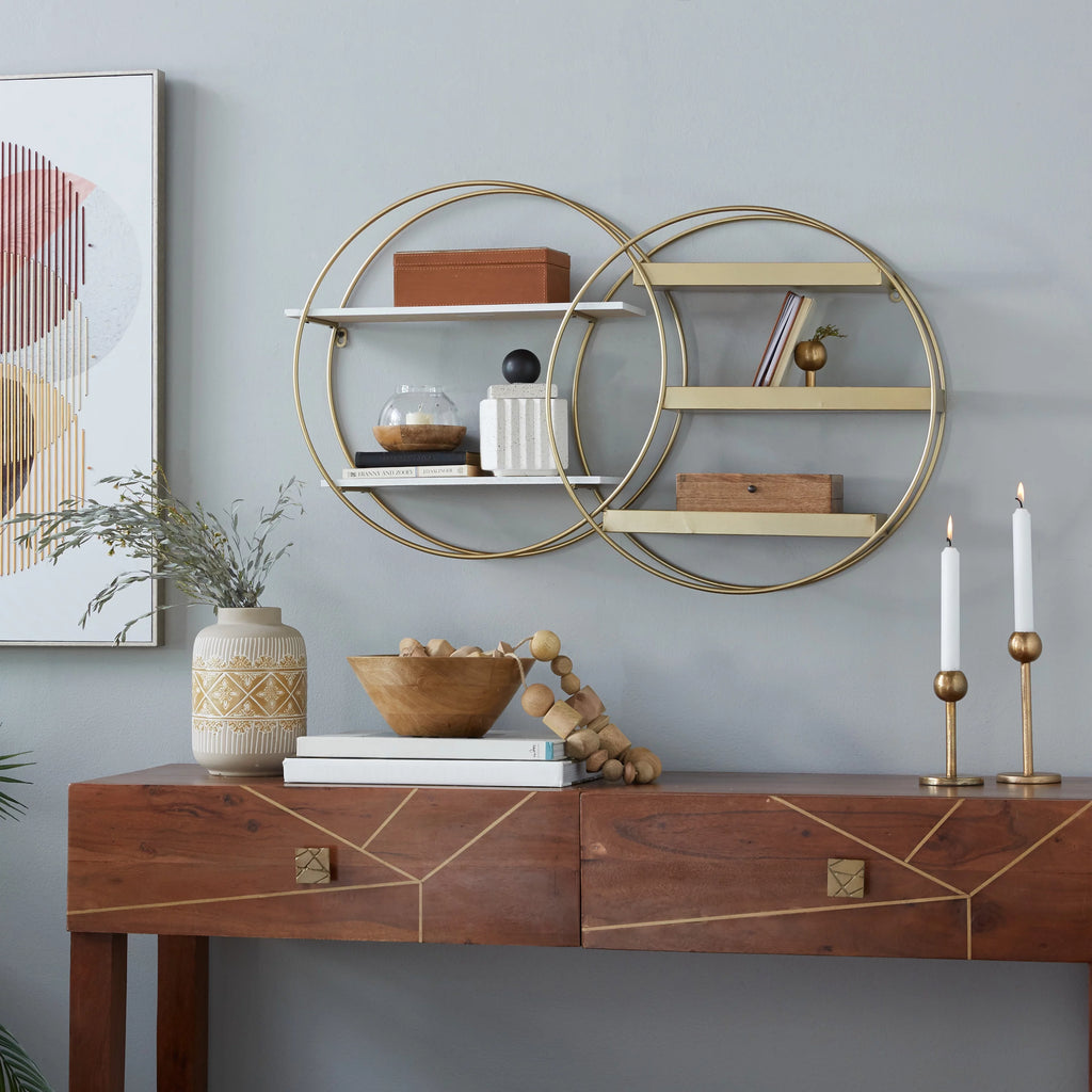 34"W 20"H MDF and Metal Contemporary Wall Shelf, Gold, 1-Piece R29246