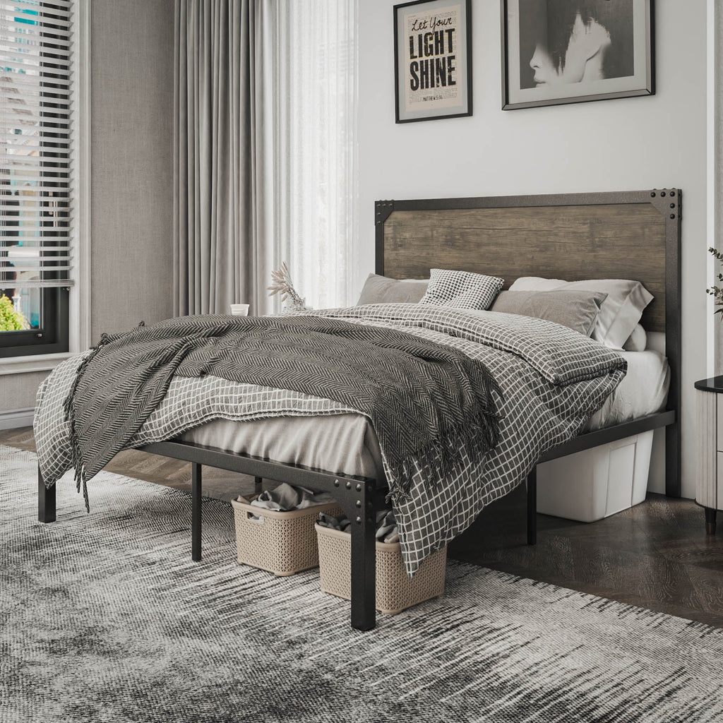 Queen Size Brown Metal Platform Bed Frame with Wooden Headboard B899