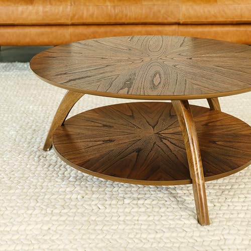 Caramel Brown Round Wood Coffee Table with Shelf Storage D6149