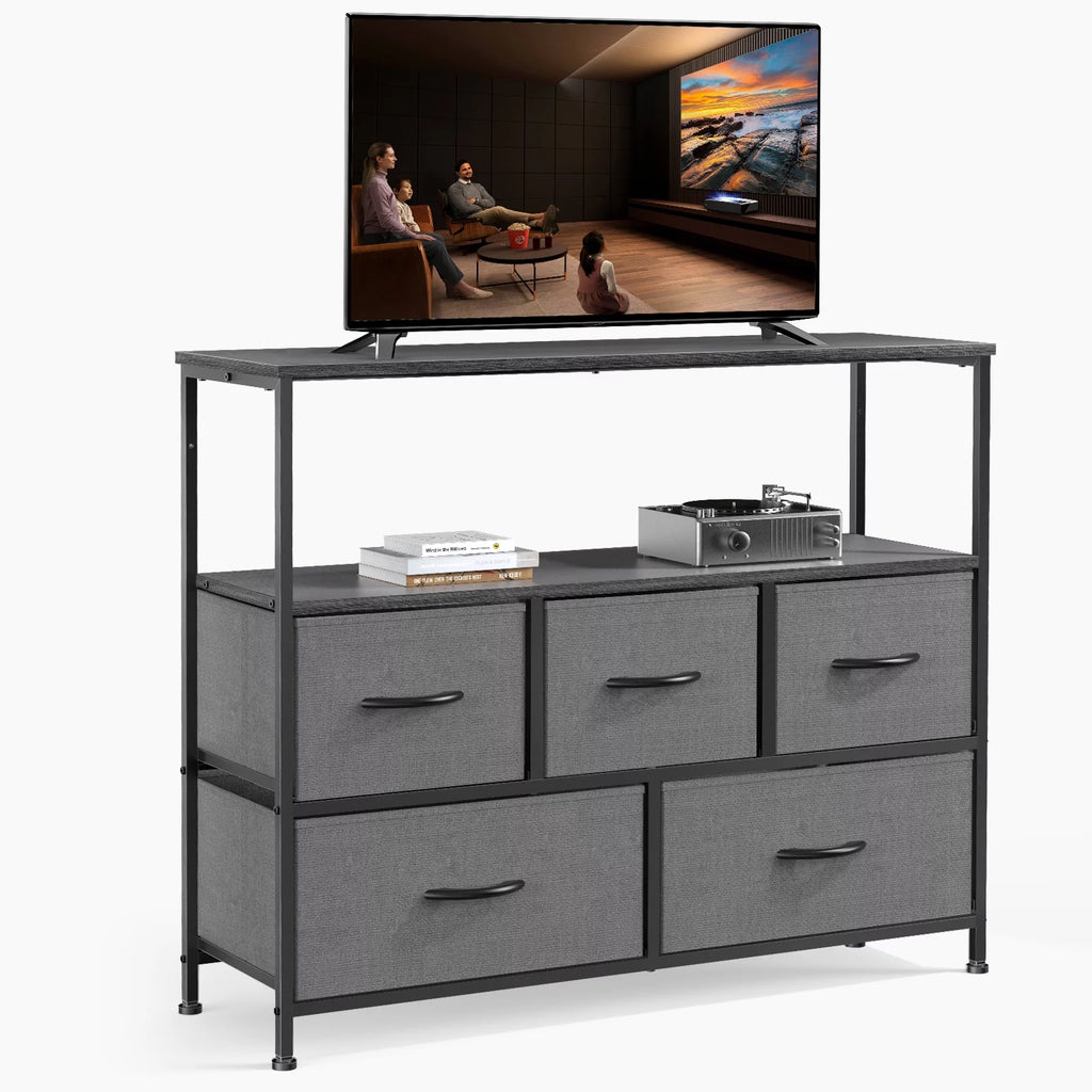Gray 5 Drawer Fabric Dresser with Wood Shelves X883326