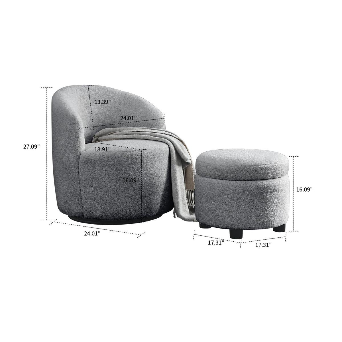 Grey Teddy Fabric Upholstered Swivel Barrel Chair with Storage Ottoman U291
