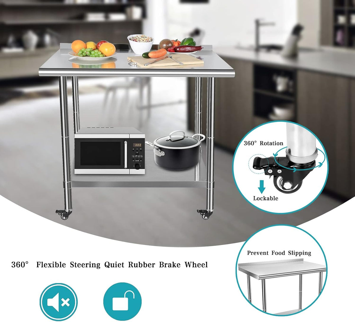 Stainless Steel Work Table with Casters, Backsplash, Adjustable Undershelf I7840