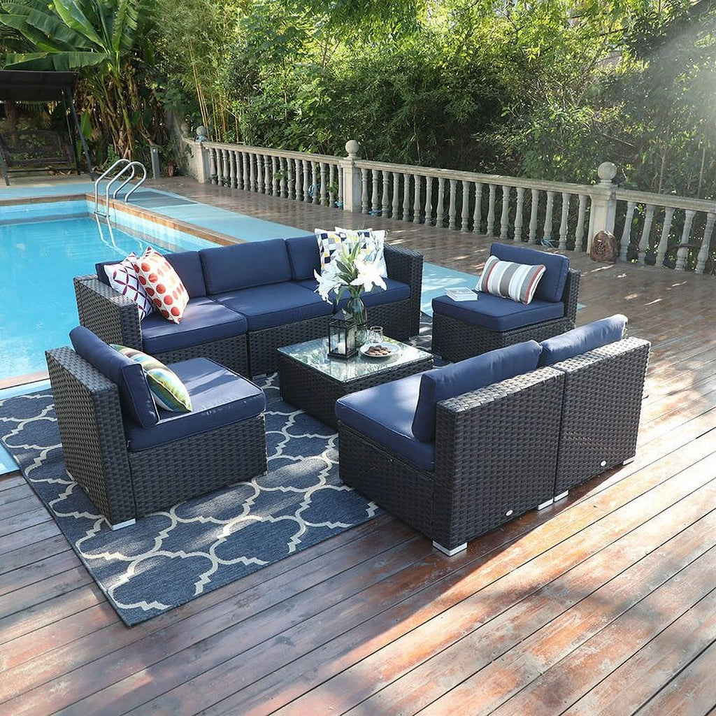 Blue 8 Piece Rattan Wicker Patio Sectional Sofa Set N98277