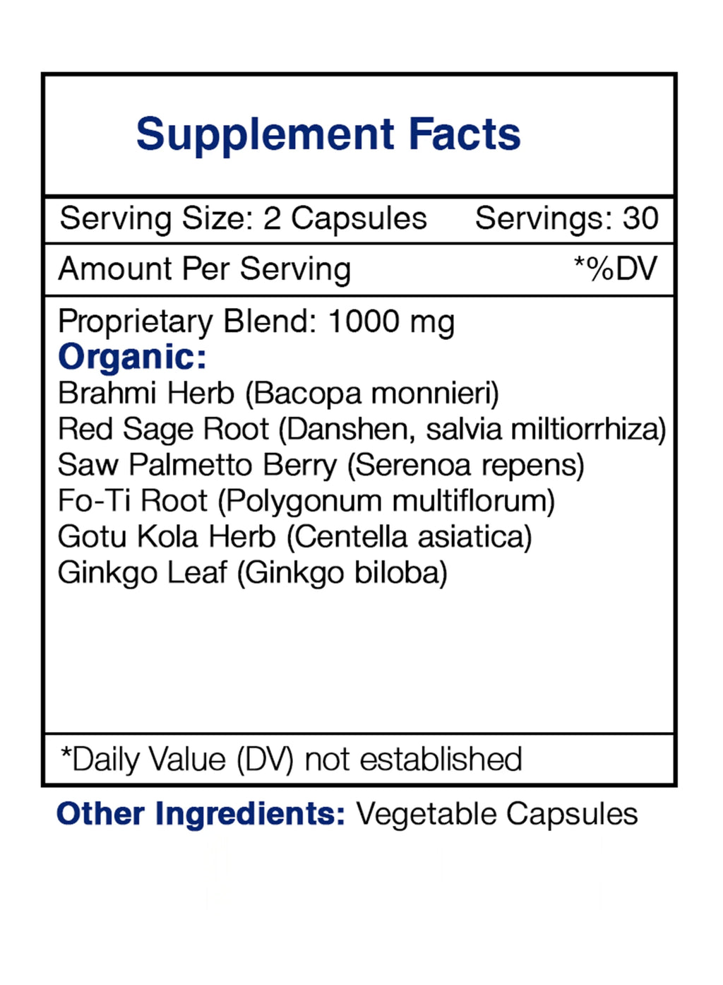 60 Capsules Brahmi Red Sage Saw Palmetto Fo-Ti Root Gotu Kola Ginkgo V9774