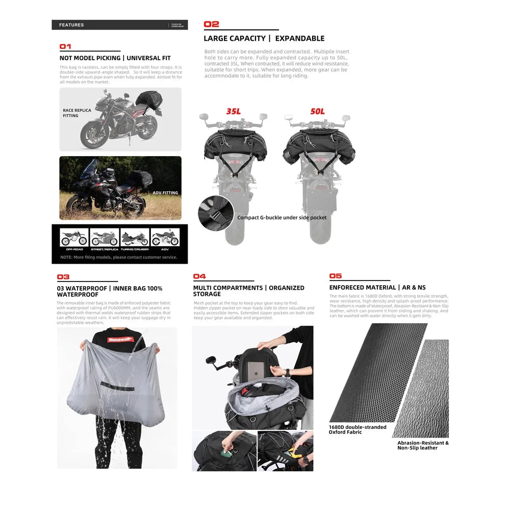 Expandable Motorcycle Rearseat Bag, 35-50L L3444