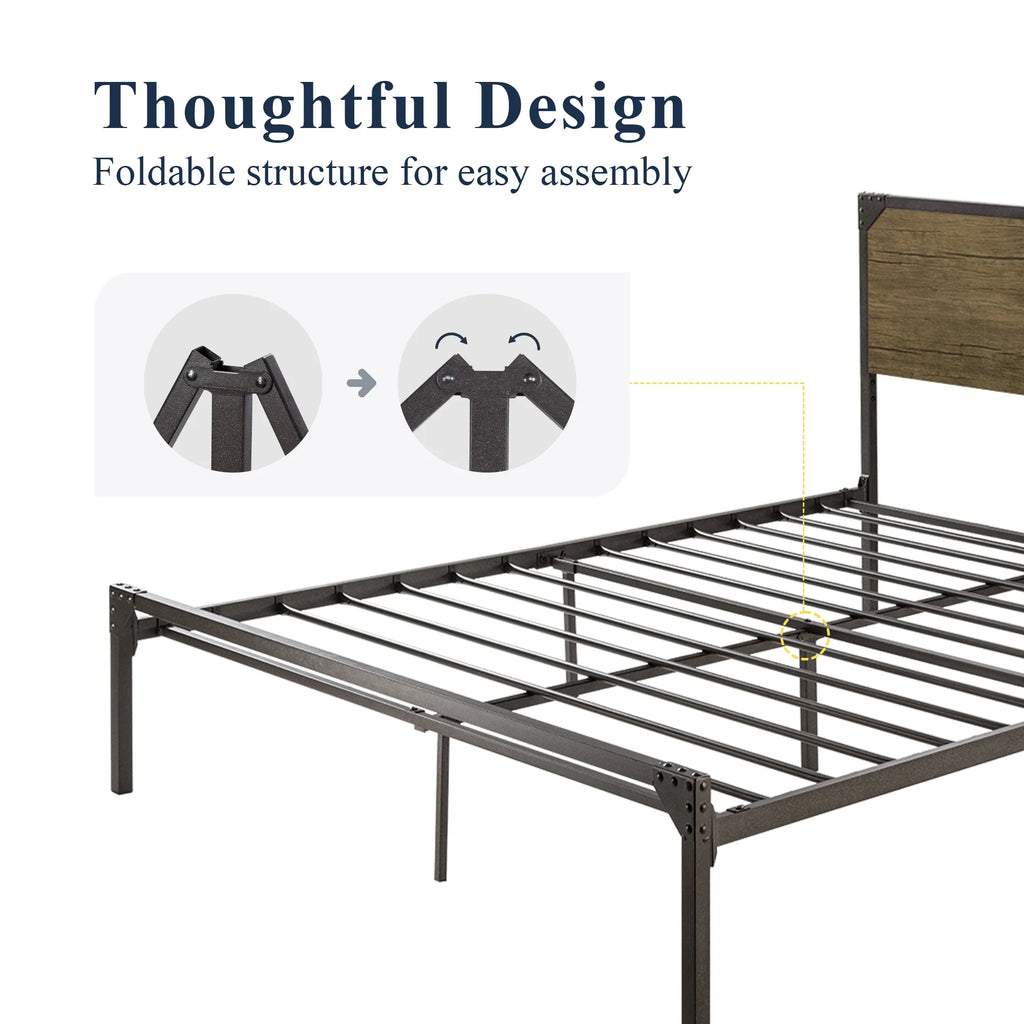 Queen Size Brown Metal Platform Bed Frame with Wooden Headboard B899