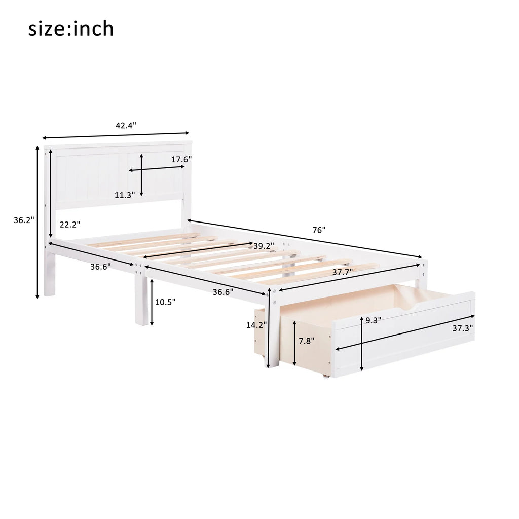 White Twin Wood Platform Bed with Headboard and Storage Drawer X383548