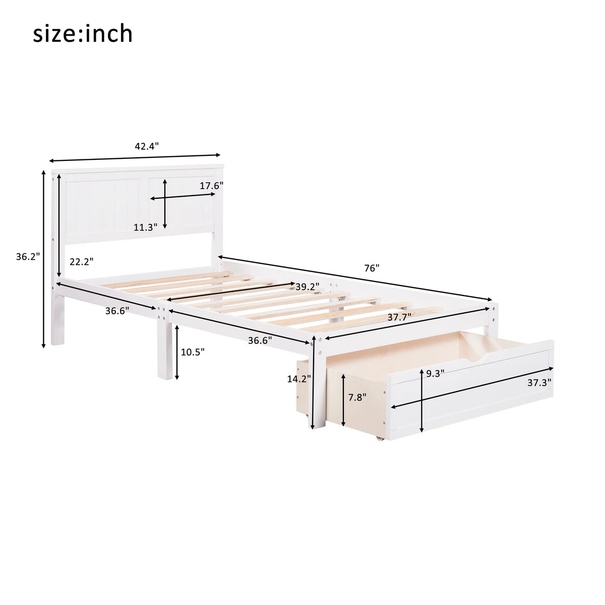 White Twin Wood Platform Bed with Headboard and Storage Drawer X383548