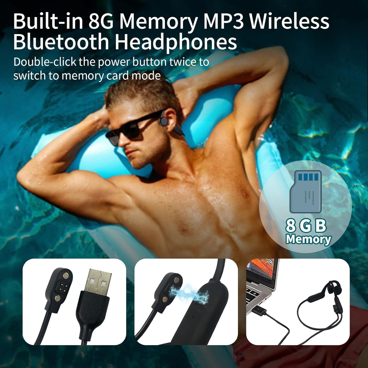 Black Bone Conduction Open Ear Headphones with Mic, 8G Memory, IPX 8 Waterproof, Pack of 2 K80572