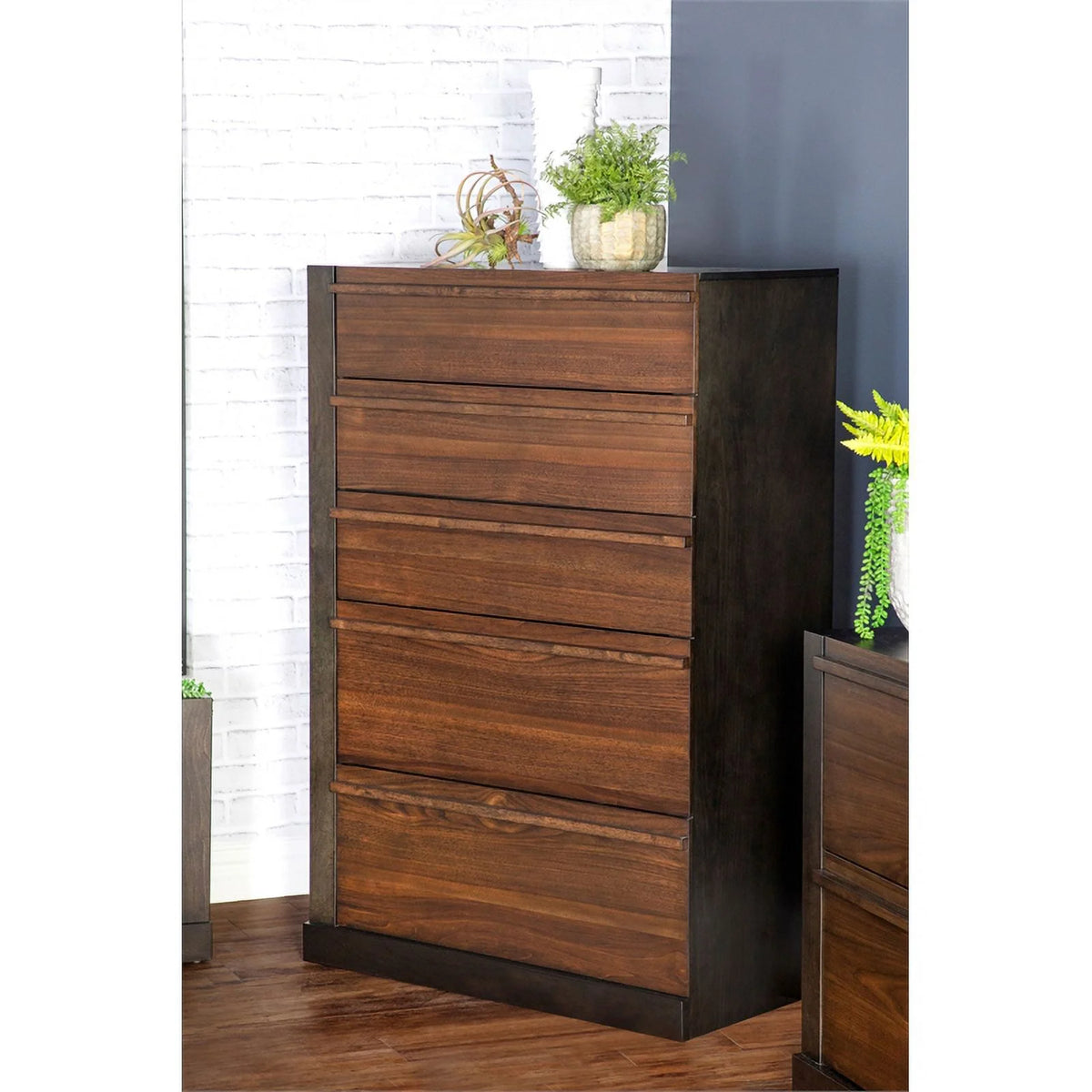 Contemporary Wood 5-Drawer Rectangular Chest in Walnut A97105