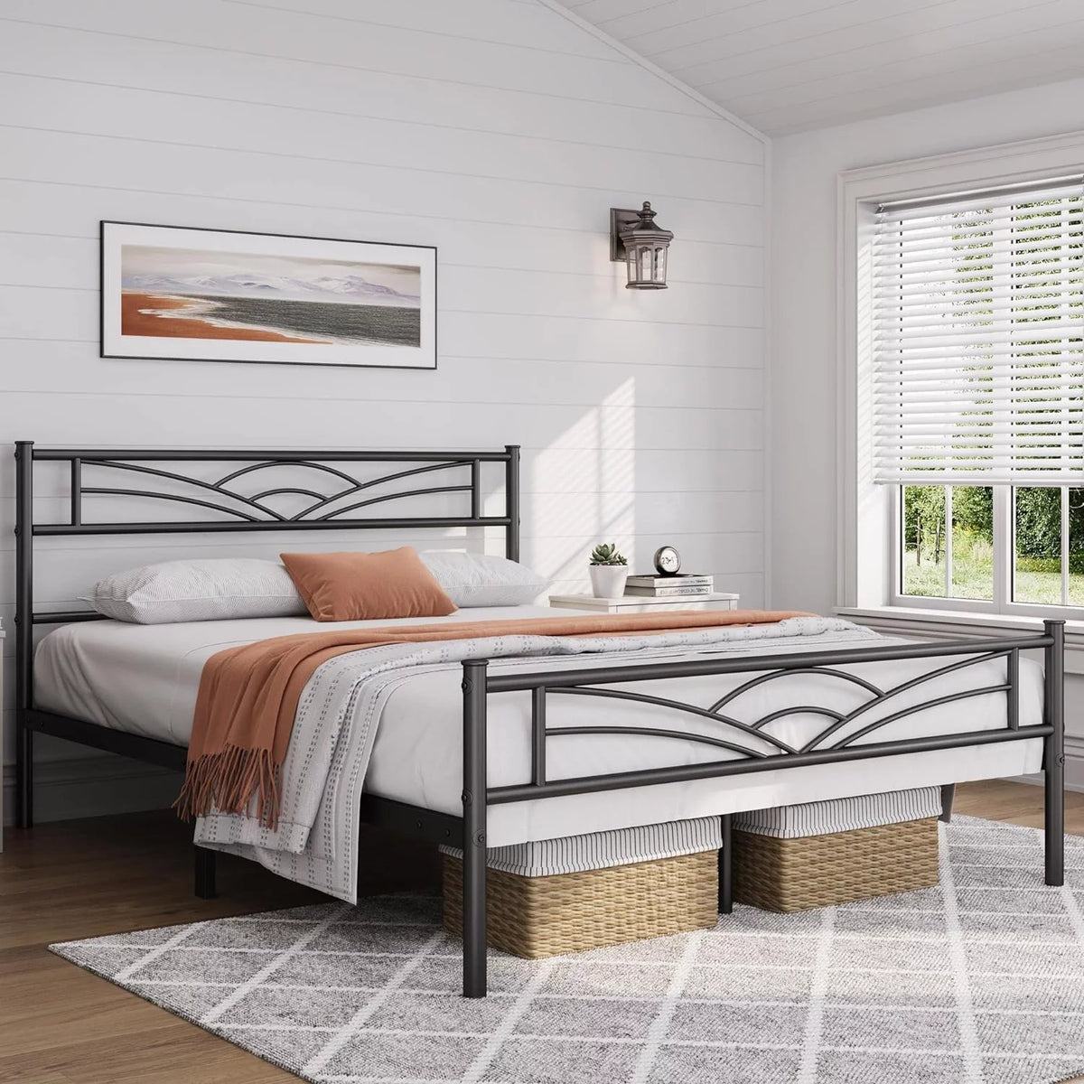 Queen Size Black Metal Platform Bed Frame with Headboard J70077
