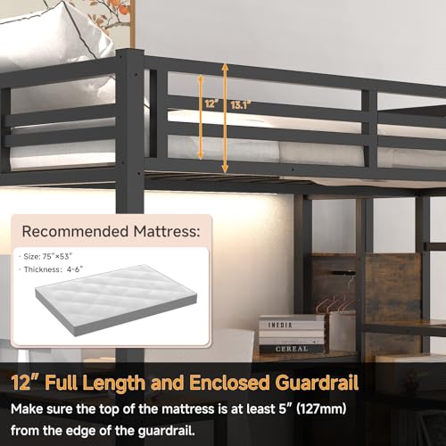 Full Size Metal Loft Bed with Desk and Wardrobe B732