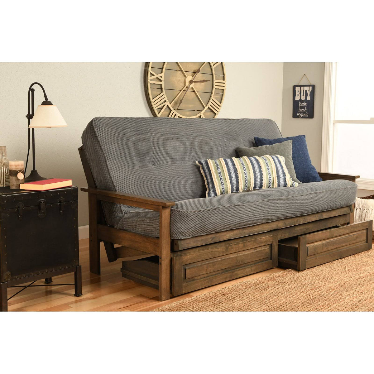 Full Futon with Linen Charcoal Mattress and Storage Drawers P5278