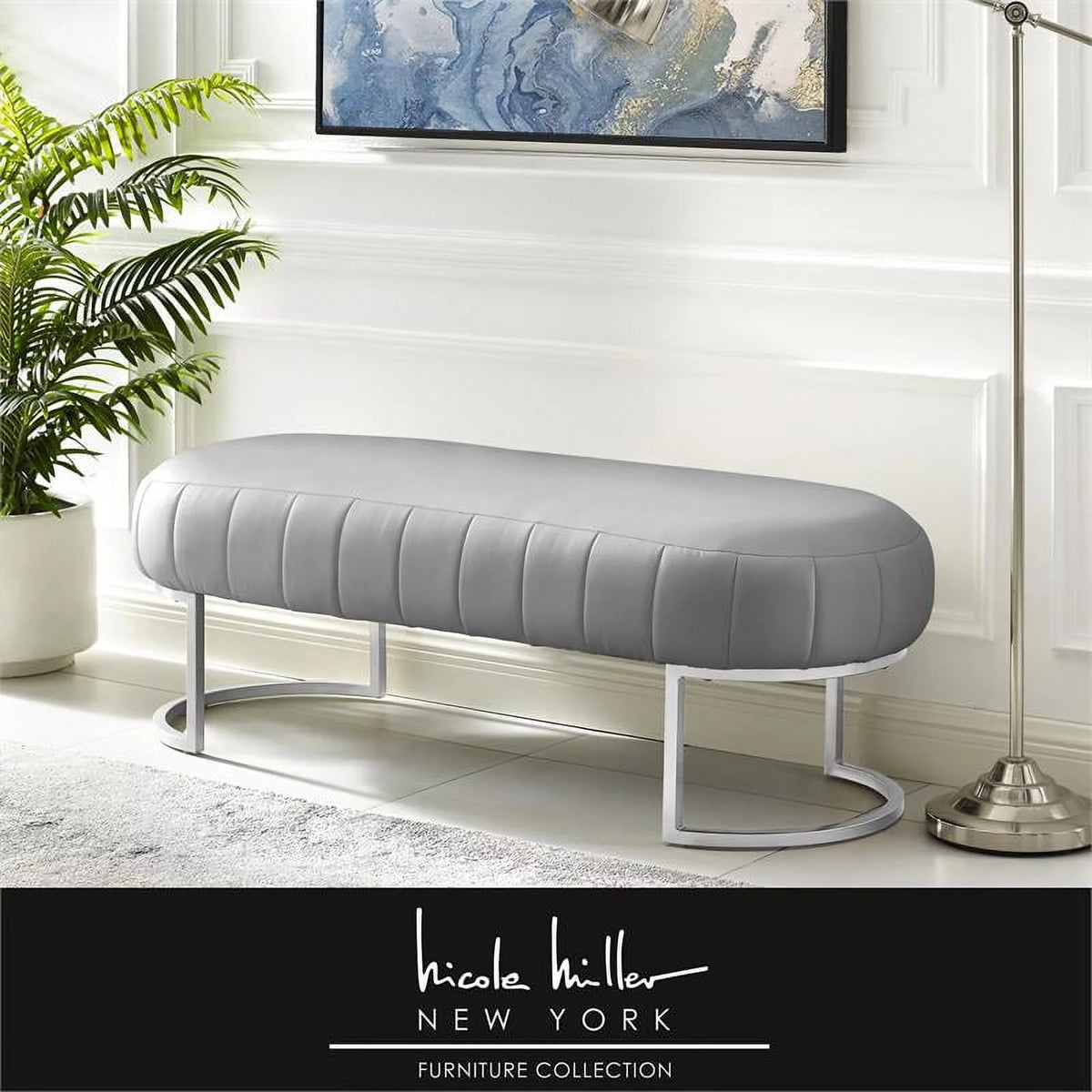 Grey & Silver Leather PU Bench A976