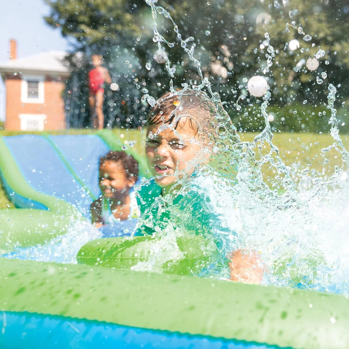 Extra Long 25-Foot Double Lane Water Slide with Sprinkler and Splash Pool F2834