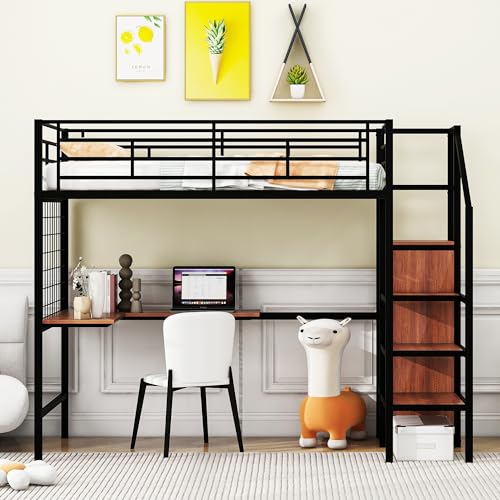Twin Size Black Metal Loft Bed with Wardrobe and L-Shape Desk V31870