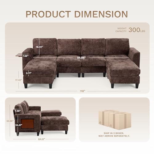 118" U-Shaped 4-Seat Modular Sectional Sofa with 2 Ottomans D8938