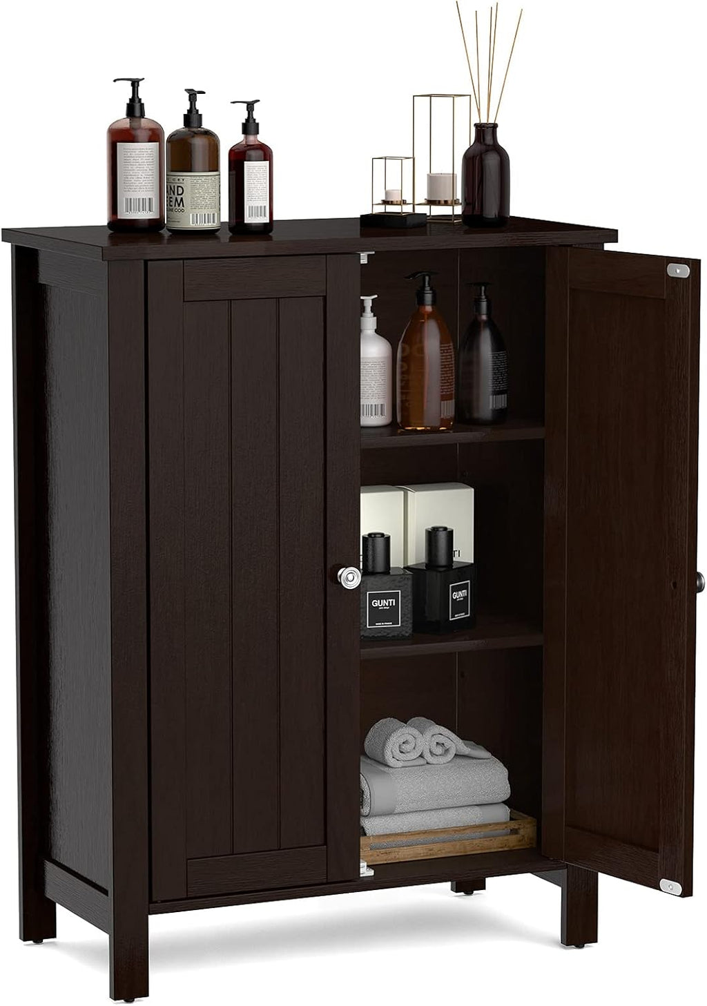 White Wooden Bathroom Floor Cabinet with 3-Tier Adjustable Shelf and Double Doors H318402