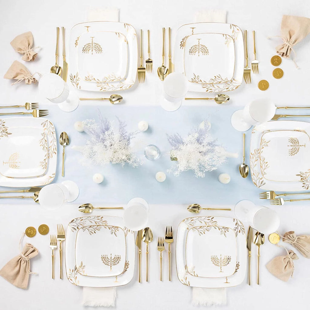 10" Square Plastic Plates with White Gold Design (60 Pack) Q1533