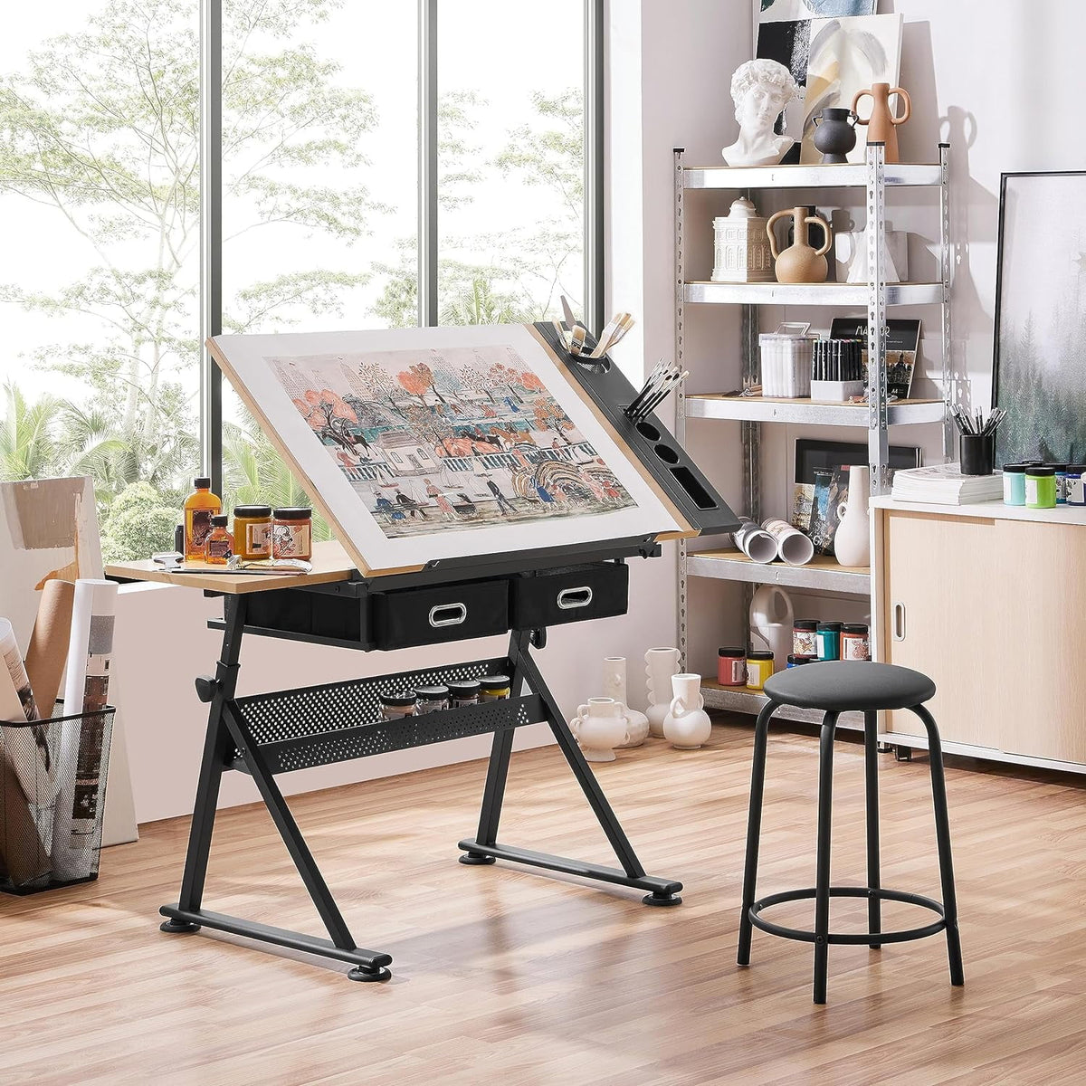 Height Adjustable Drafting Table with 2 Storage Drawers and Stool L86986