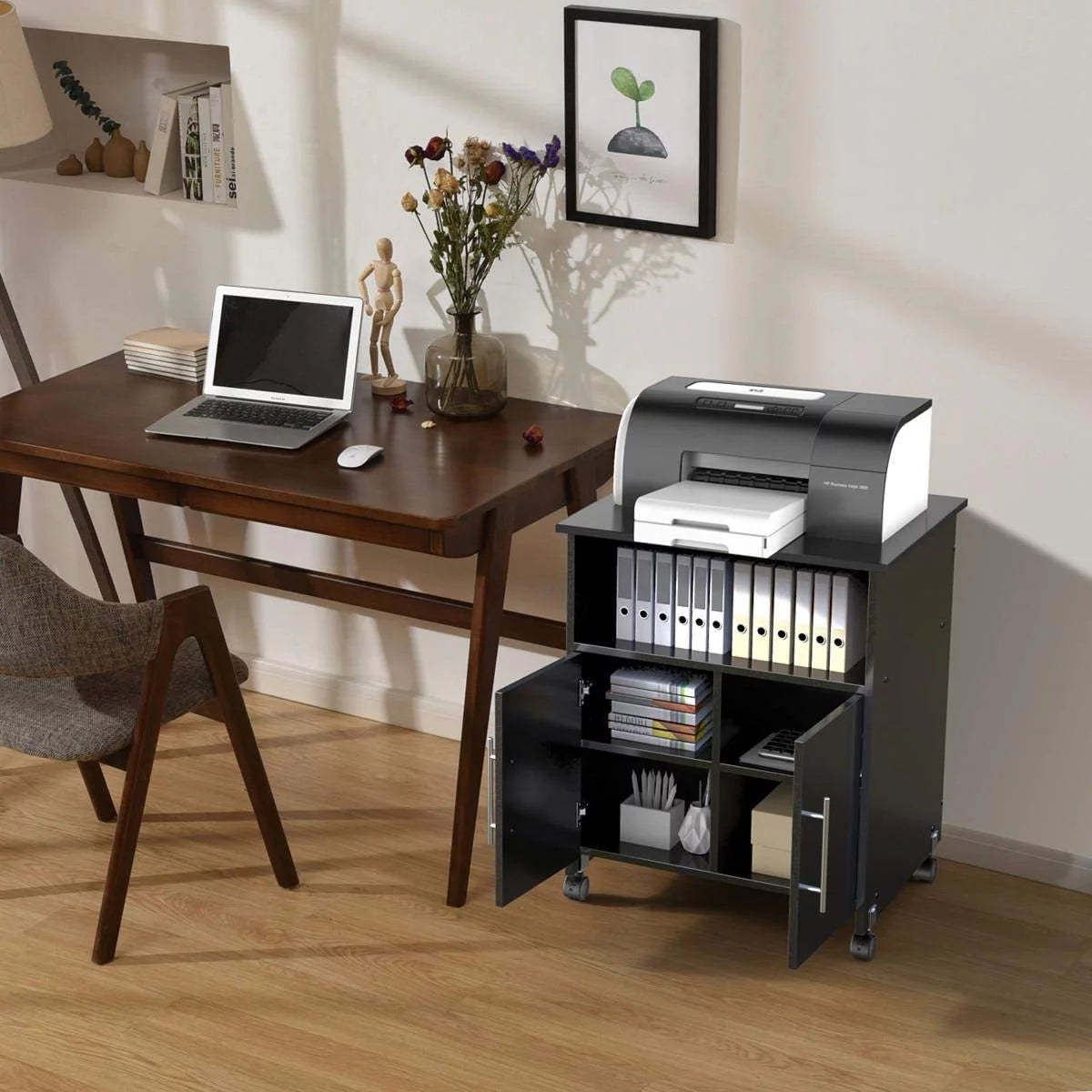 Black Rolling Wood File Cabinet with Open Storage Shelves K26529