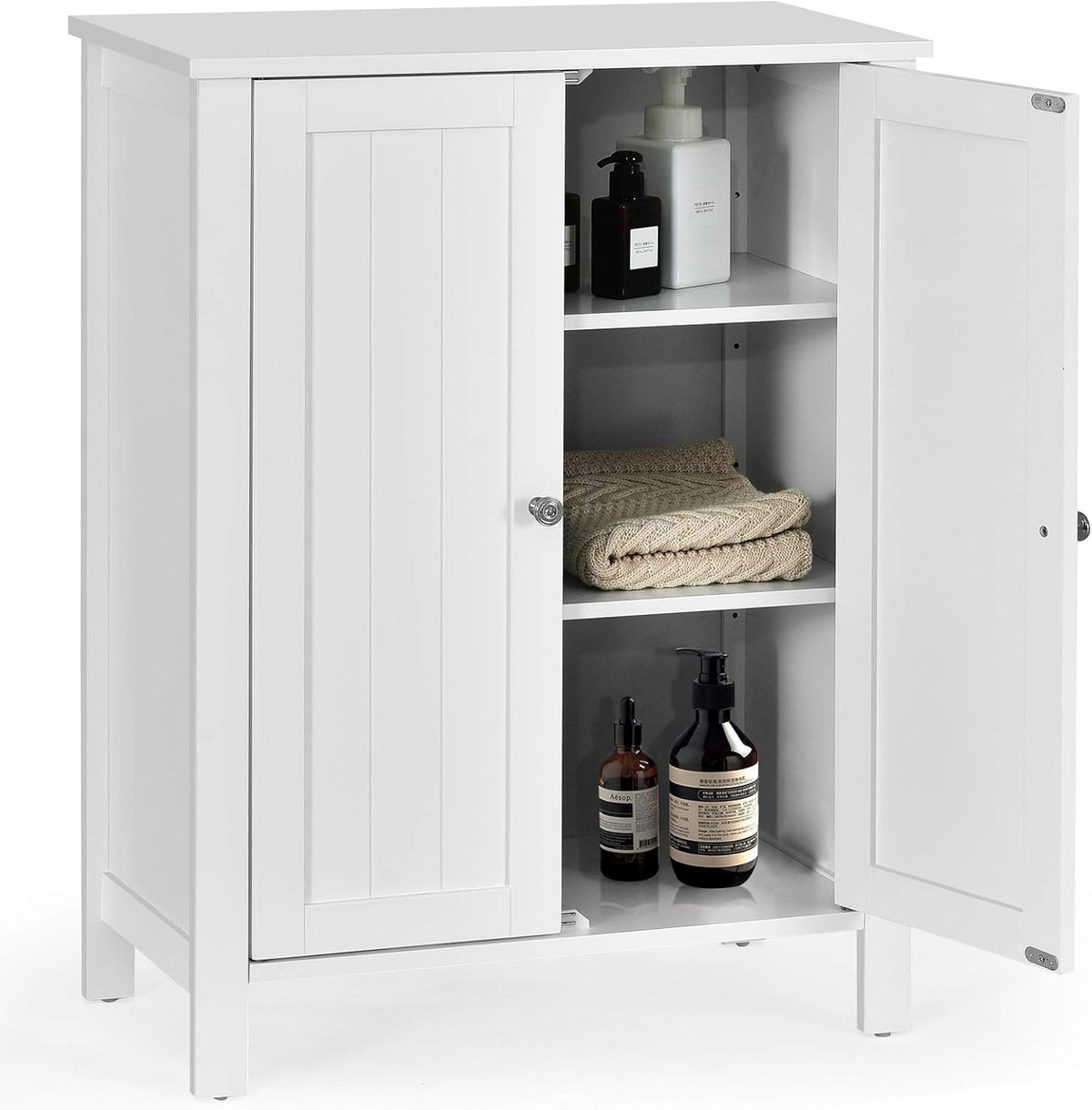 White Wooden Bathroom Floor Cabinet with 3-Tier Adjustable Shelf and Double Doors H318402