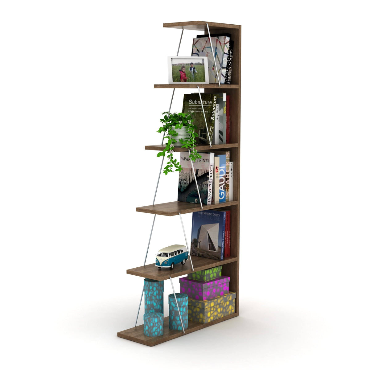 Chrome-White 5-Shelf Angled Bookcase M723595