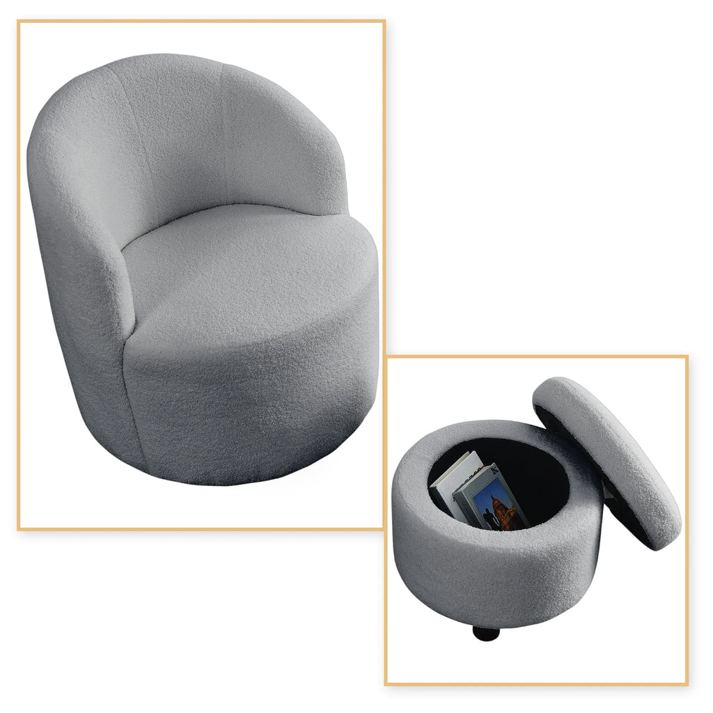 Grey Teddy Fabric Upholstered Swivel Barrel Chair with Storage Ottoman U291