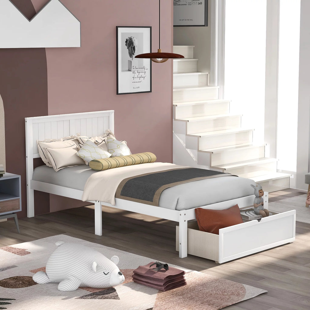 White Twin Wood Platform Bed with Headboard and Storage Drawer X383548