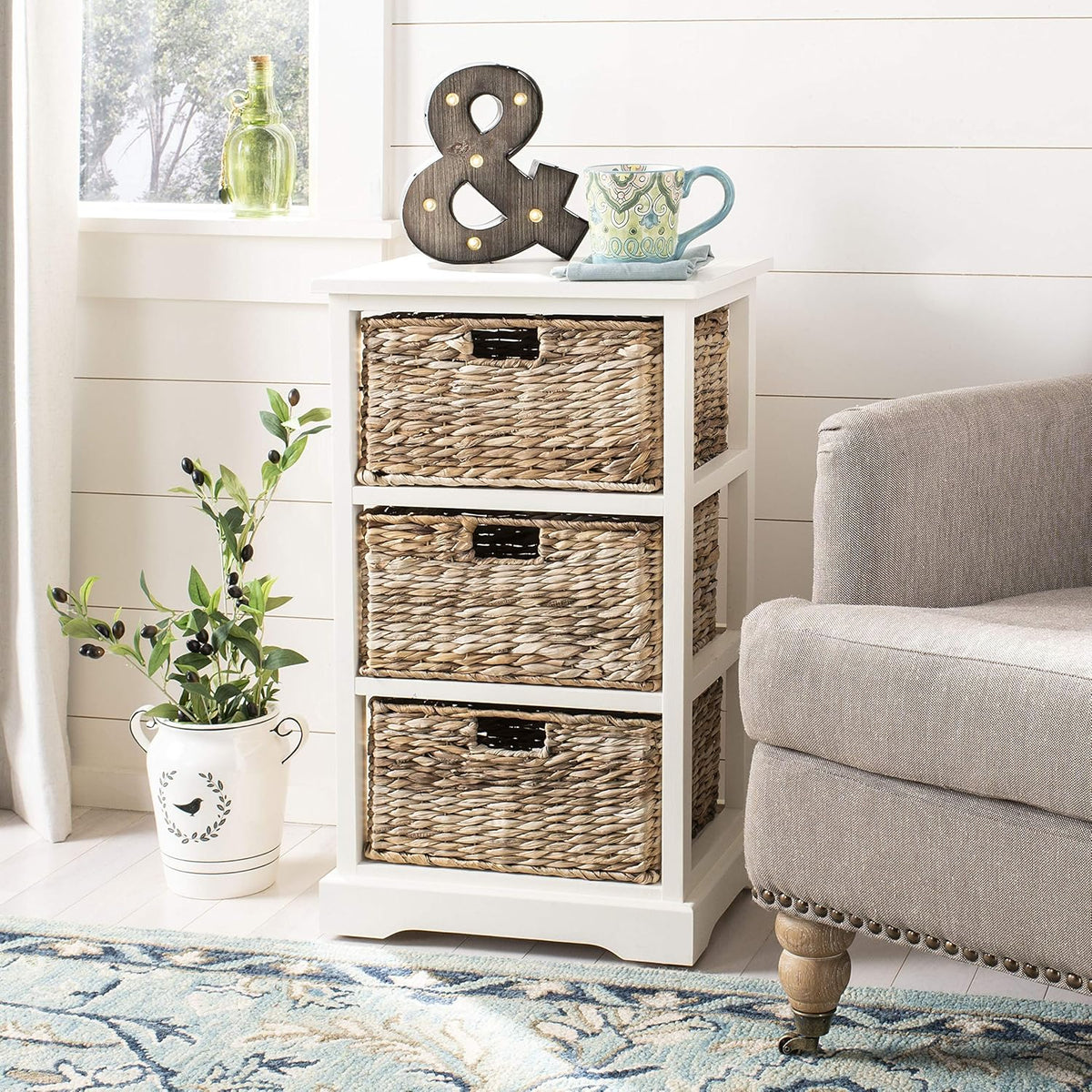 Distressed Black Wicker Basket Storage Side Table S987850