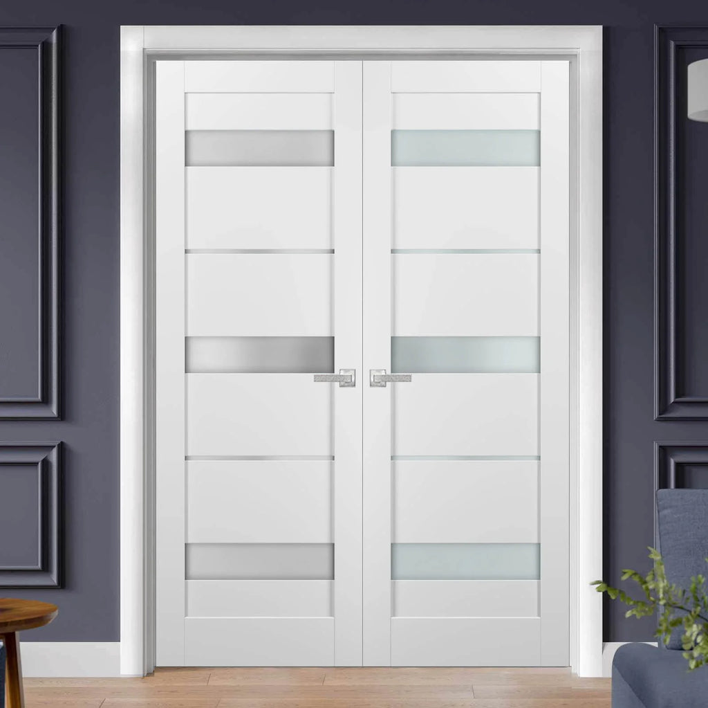 French Double Panel Lite Doors 36 x 80 with Hardware White Silk Frosted Opaque Glass Interior Door L909