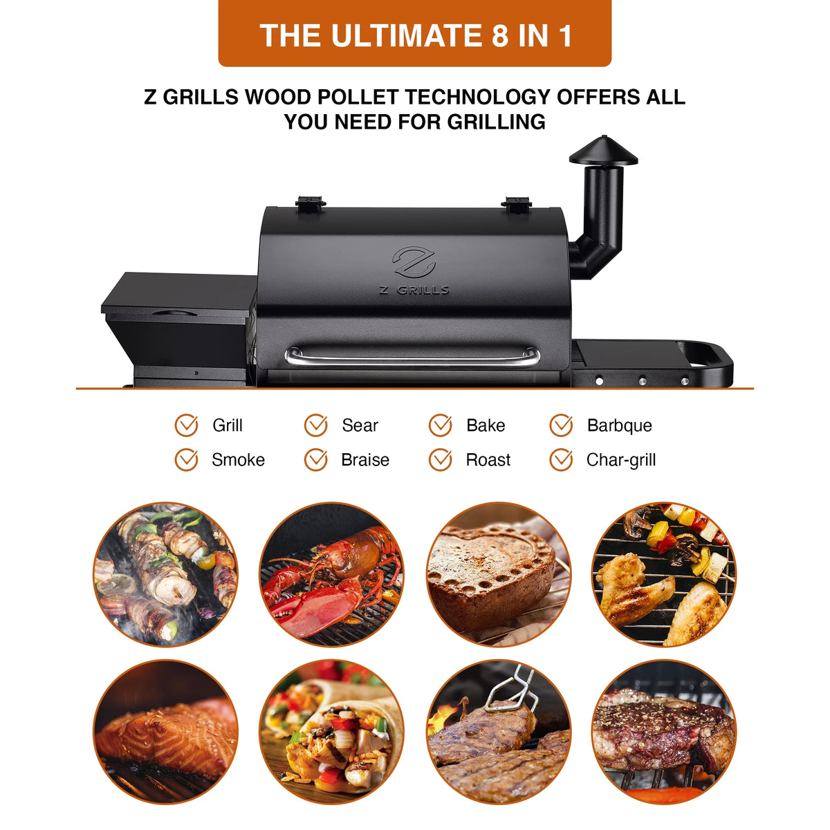 Wood Pellet Grill and Smoker 8-in-1 BBQ Black B633