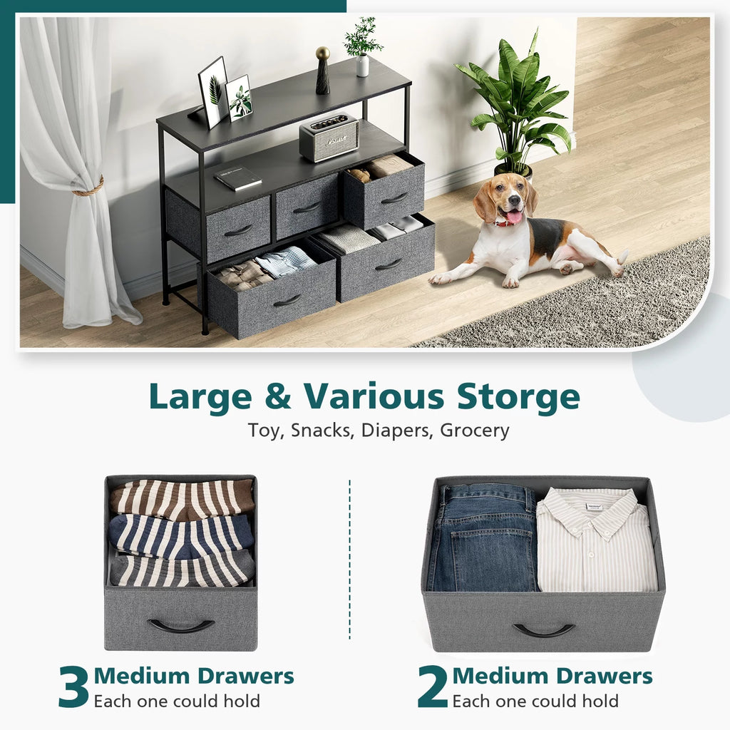 Gray 5 Drawer Fabric Dresser with Wood Shelves X883326