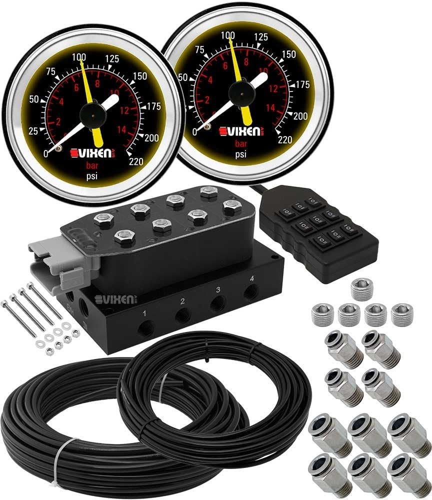 8 Valve Suspension Manifold with Two Dual Needle Black Gauges, 3/8" OD Hose 100 FT, 1/4" OD Hose 50 FT and Fittings H256026