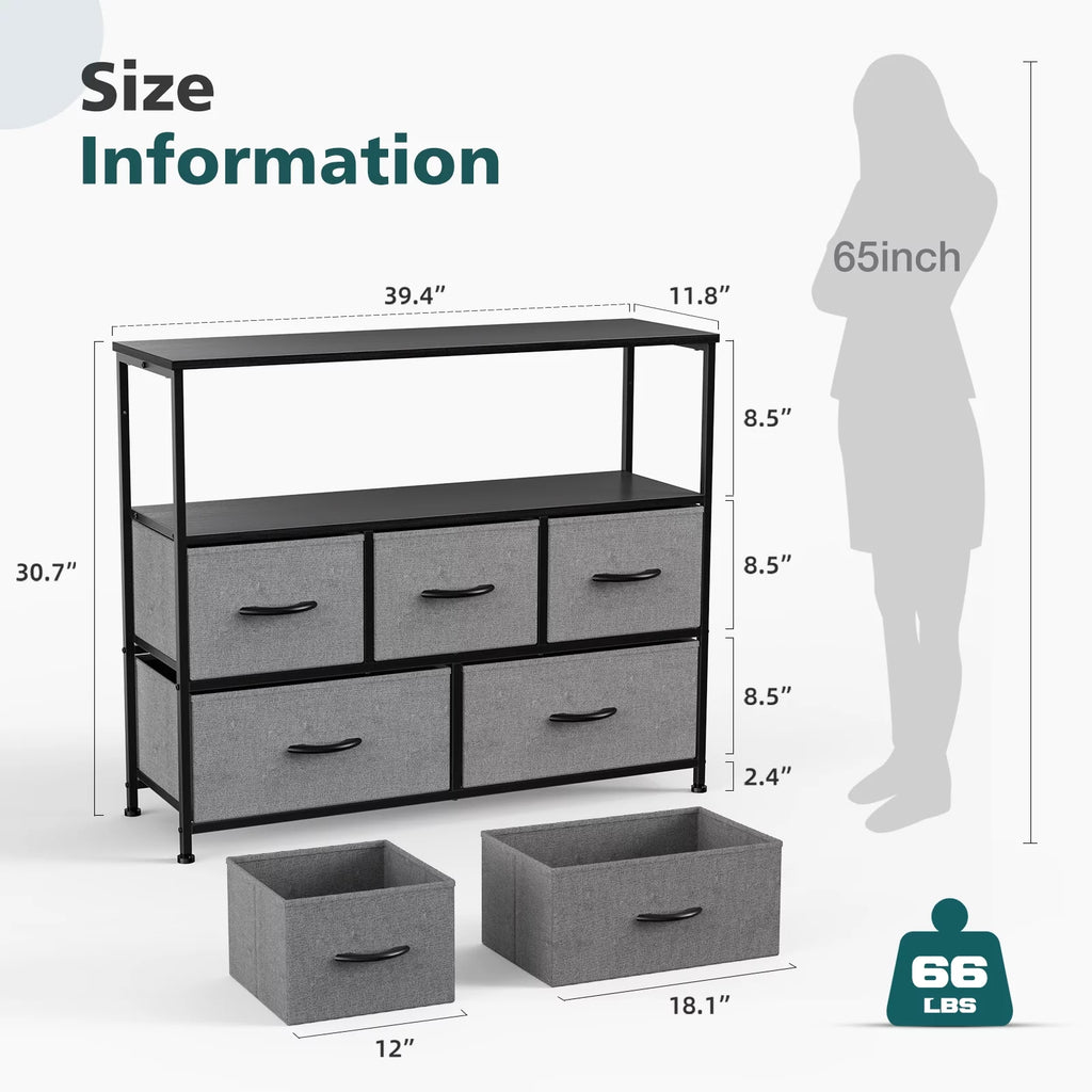 Gray 5 Drawer Fabric Dresser with Wood Shelves X883326